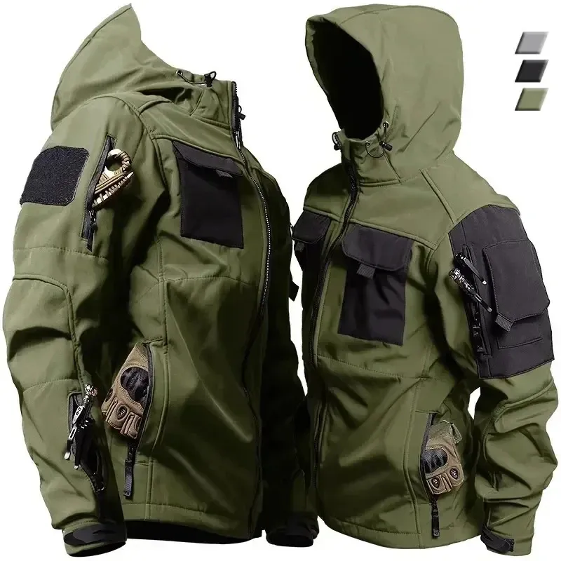 Jackets Men Military Outdoor Waterproof Hood Windbreaker Work Wear Soft Shell Multi-pockets Hunting Motorcy Tops Winter